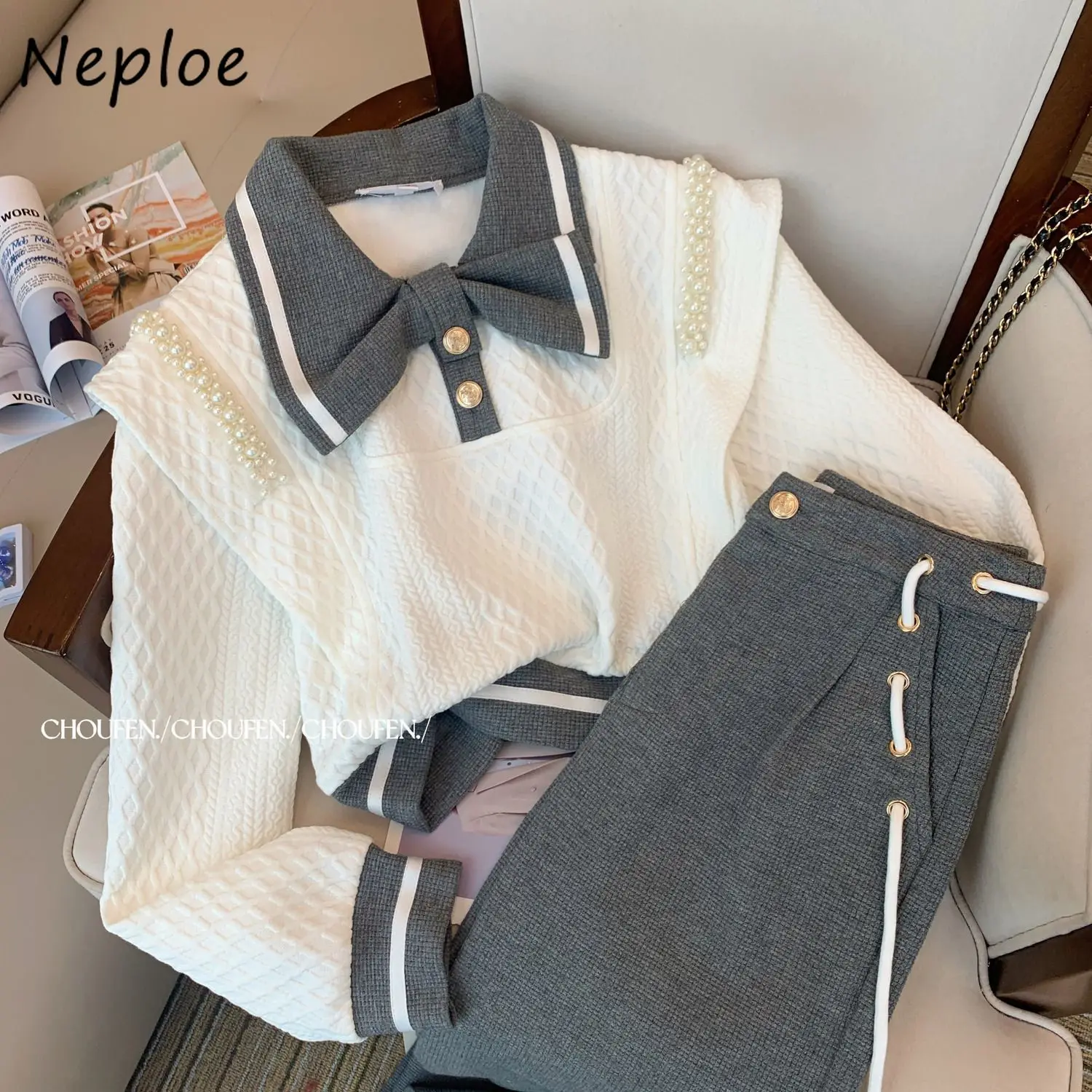 Neploe Sweet Turn-down Collar Long Sleeve Suit Sweatshirts Small Fragrance Casual Autumn New Pant Preppy Style Moda Set Trousers