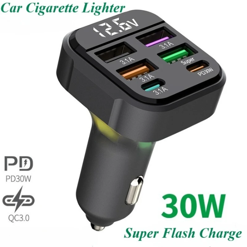 

6-портовое автомобильное зарядное устройство мощностью 30 Вт с быстрой зарядкой PD и QC3.0, адаптер прикуривателя с несколькими USB-портами для телефона и планшета
