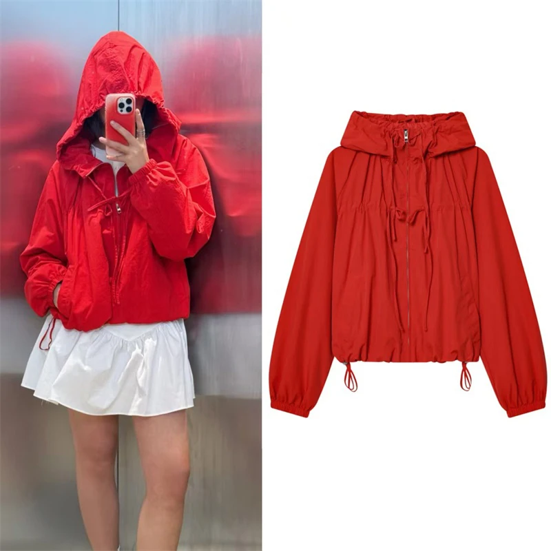 Casual Lady Hooded Jacket Stand Collar Pleated Tie Drawstring Design Solid Color Loose Coat Spring Fall NEW Chic Daily Outerwear