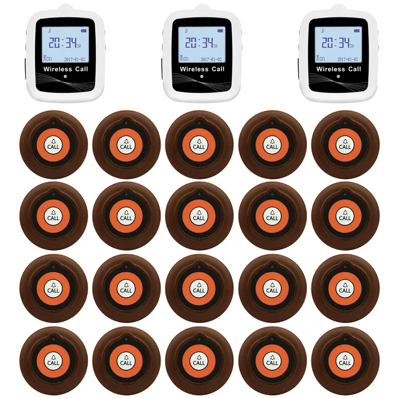 QWICALL Wireless Restaurant Calling System 20 Calling Buttons 3 Belt Watch Receiver for cafe, bar hotel Call Bell pager