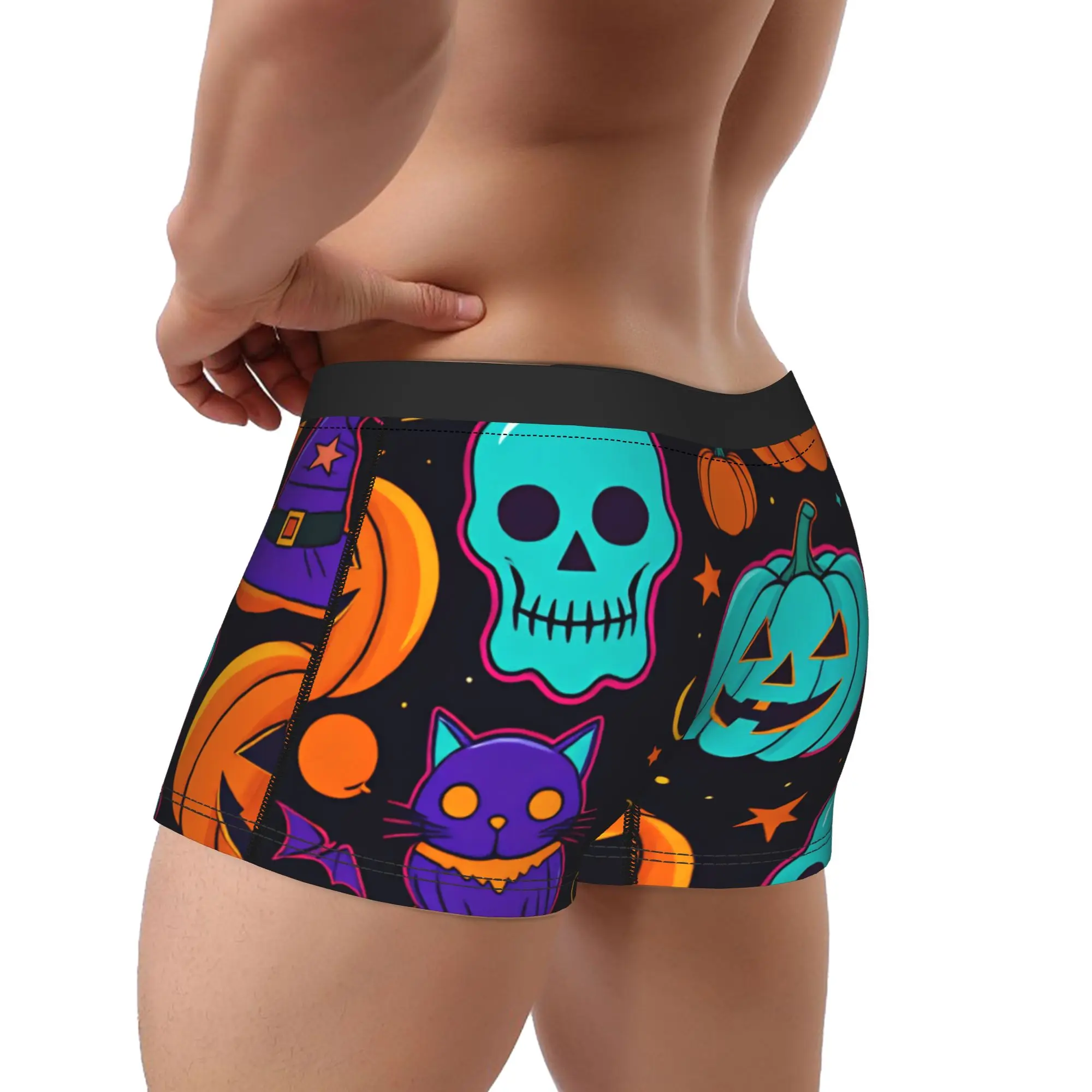 Halloween Skull Cat Witch Hat Pumpkin Ghost Seamless Pattern Underwear  Men's Underpants Customs Trunk Trenky ShortsSize