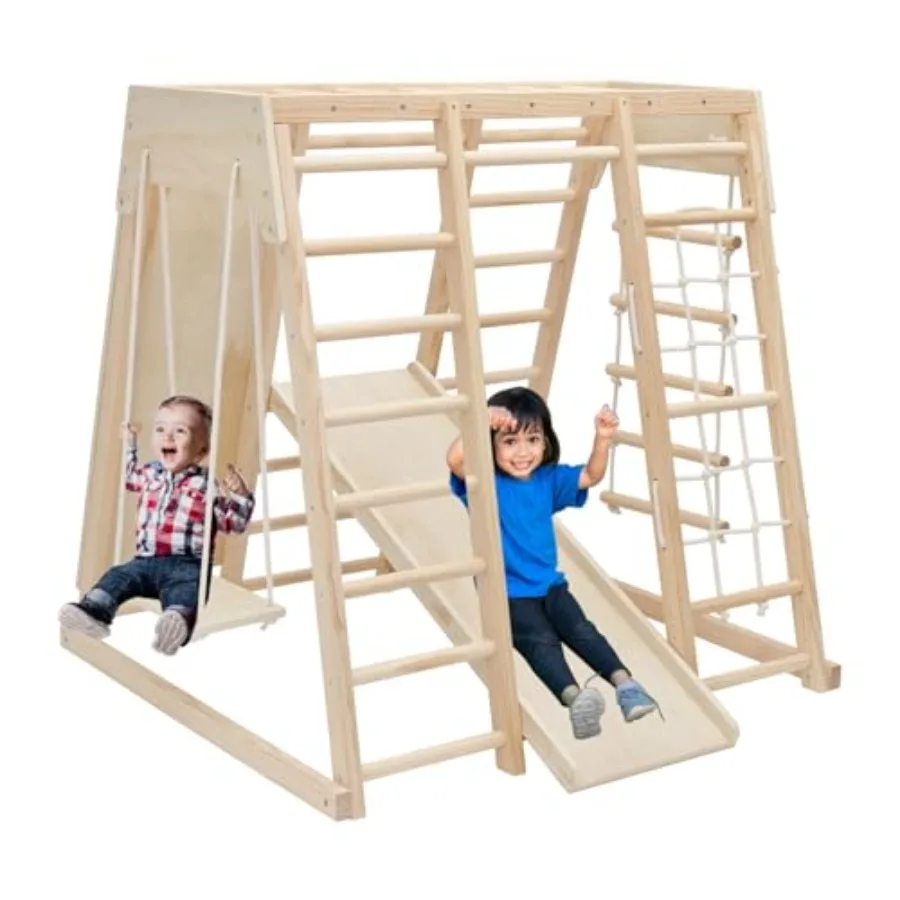 

Деревянный игровой комплекс Пиклер 7 в 1 для дома: Монтессори-лазалка с горкой, скалодромом, перекладинами и веревочной лестницей