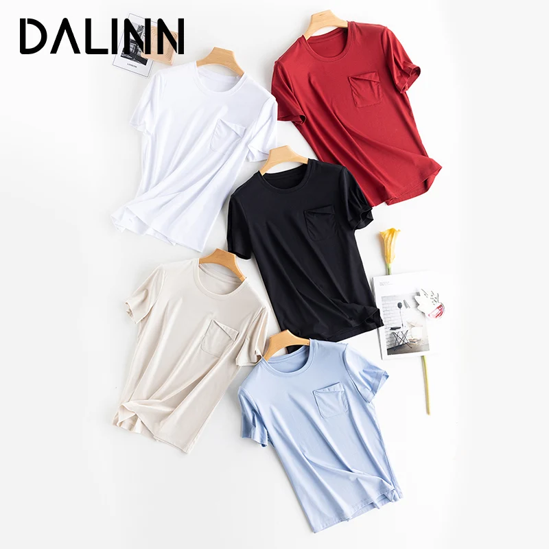 

Woman T Shirts Basic O Neck Short Sleeves Chest Pocket Cotton Silk Blend Natural Tee 2023 Spring Summer New Top Red DALINN