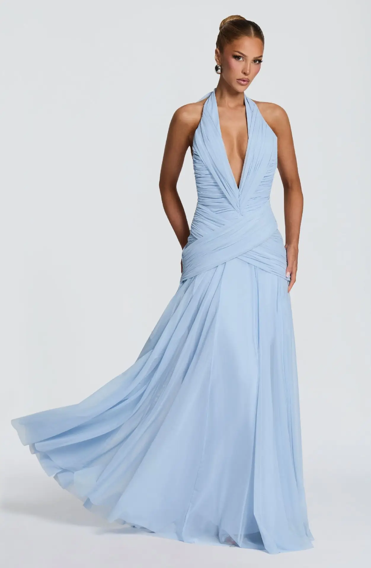 Women Halter Neck Chiffon Evening Dress Deep V Ruched Cross Wrap Waist Flowy A‑Line Long Formal Bridesmaid Party Gown