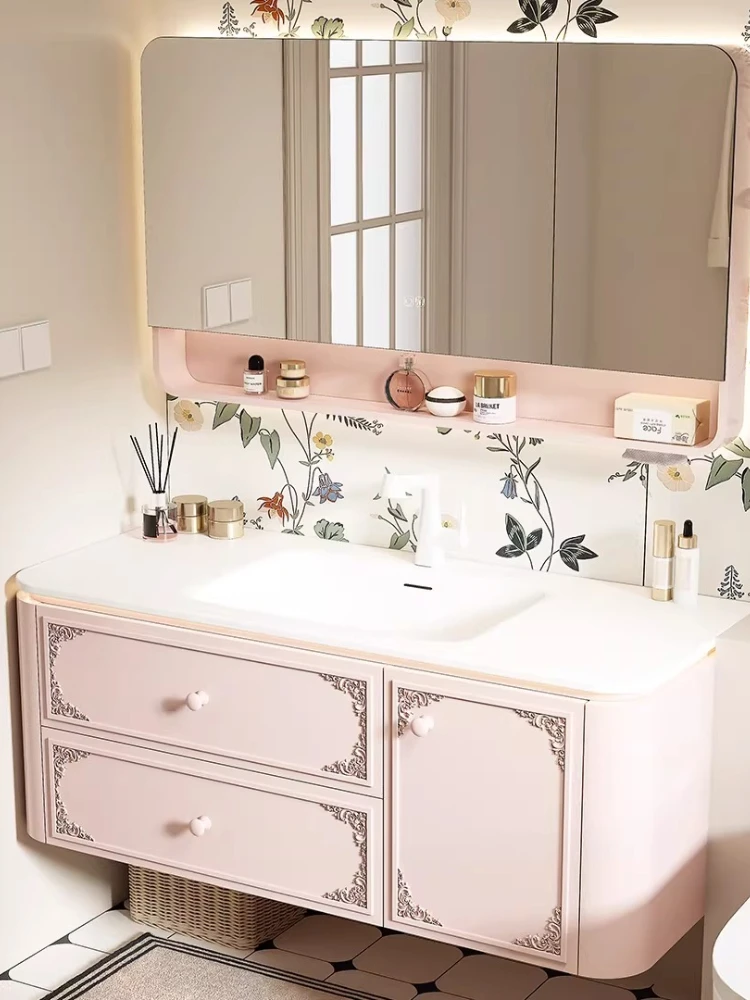 

French cream wind rock slab hot bending integrated basin hanging rubber wood pink bathroom cabinet