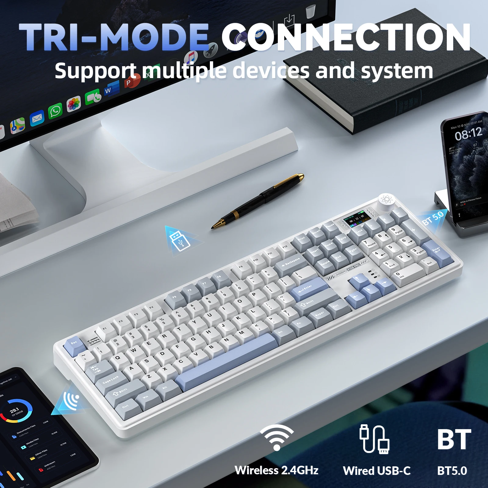 LINGBAO K108 Pro Korean Wireless Gaming Mechanical Keyboard 104Keys Bluetooth 2.4G Wired RGB Hotswap Gamer Non-contact Keyboard