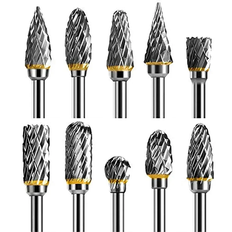 

New 10 pcs 1/8" Shank Tungsten Carbide Milling Cutter Rotary Tool Burr Double Diamond Cut Rotary Dremel Tools Electric Grinding