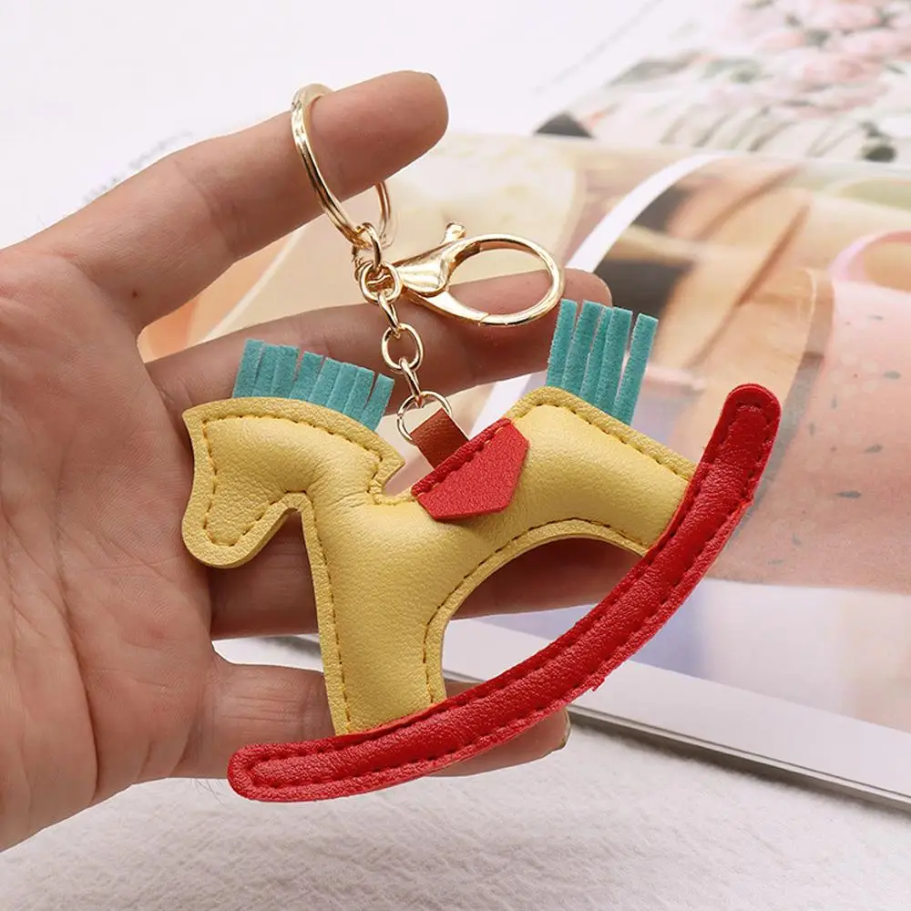 Cute Cartoon Pony Animal Keychain PU Leather Rocking Horse Keyring for Women Men Car Key Bag Backpack Pendant Ornament Gifts