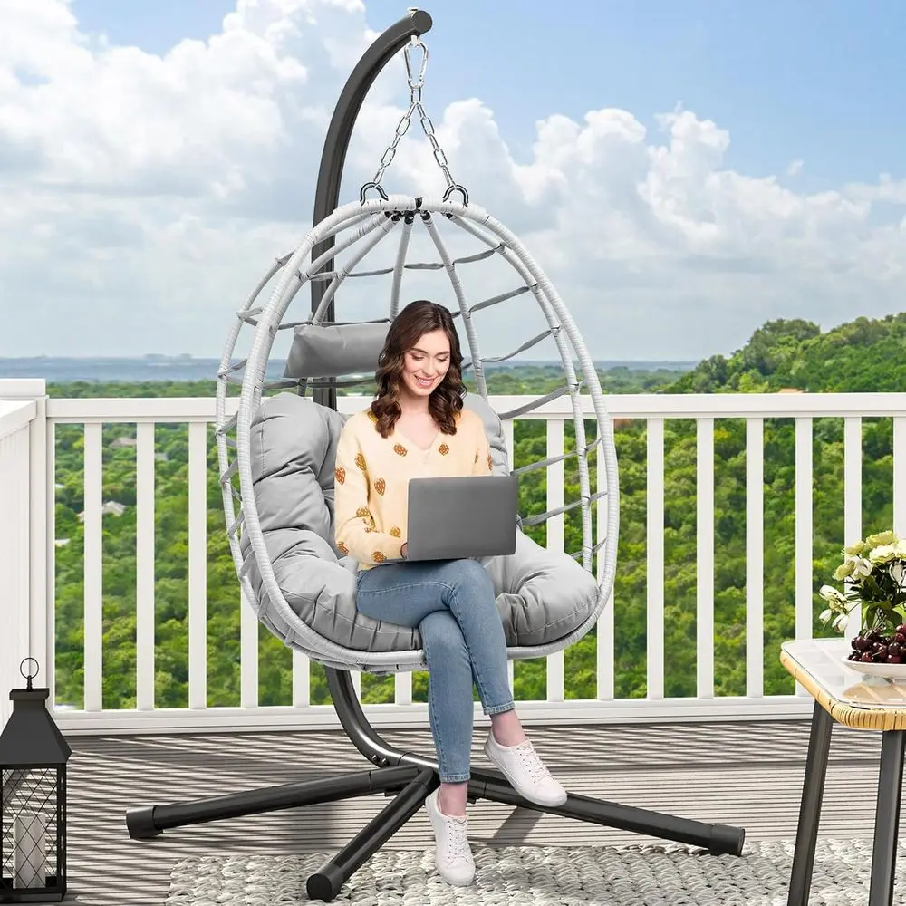 

Outdoor Wicker Swing Chair with Steel Stand, Durable Cushion, 330lbs Capacity, Suitable for Patio, Bedroom, Garden, Balcony - Gr