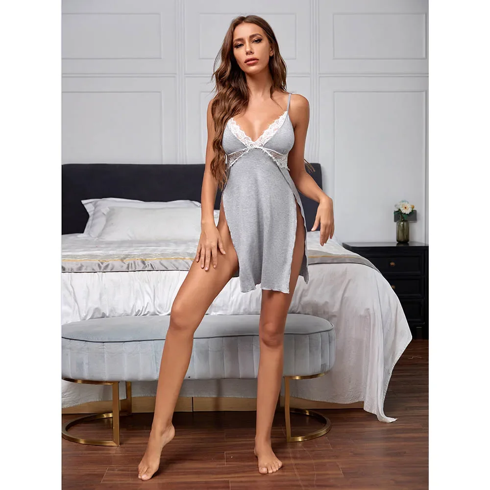 

Women Soft Cotton Sexy Pajamas Sling Sleeveless V Neck Sleepwear Full Slip Lace Trim Nightwear Night Dress