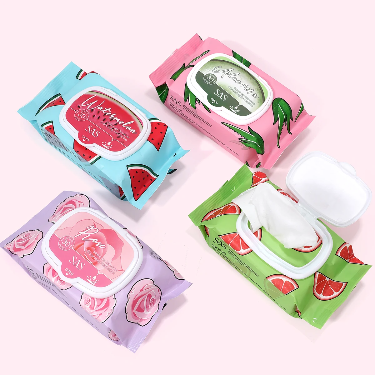 Ultra-Soft Fruit Fragrance Makeup Remover Wet Wipes - Watermelon, Aloe Vera, Rose, Grapefruit Fragrance, 30 Sheets Pack