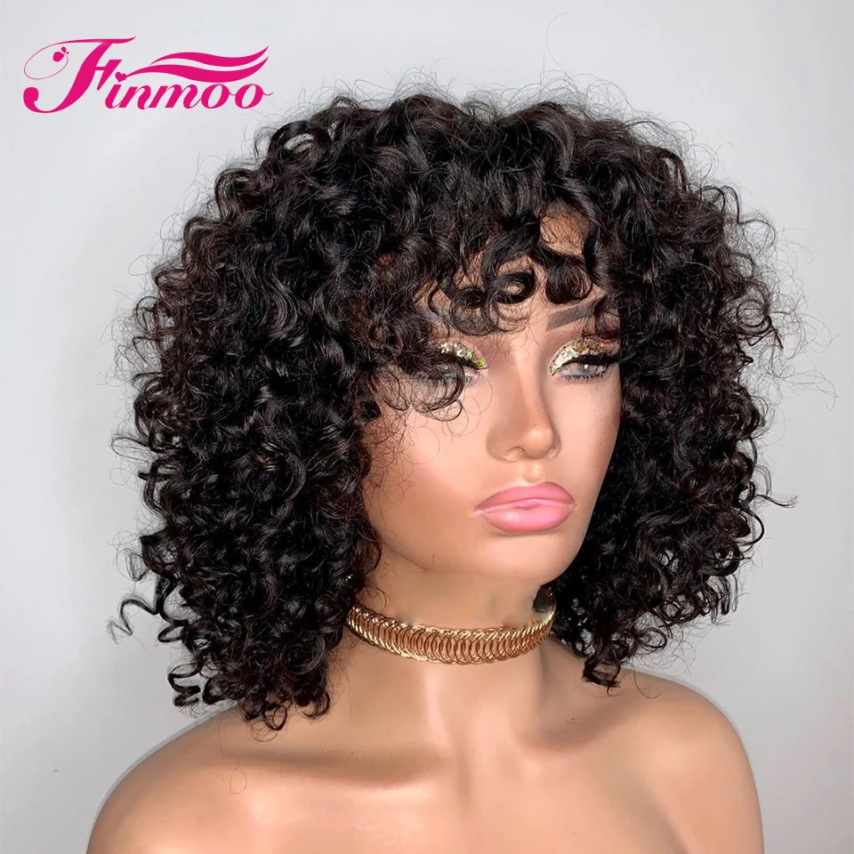 Cury Bob Wig With Bang Side Parting 4X4 Lace Closure Wig Deep Curl Short Bob Wig Peruvian Human Hair Wig Deep Wave Frontal Wig