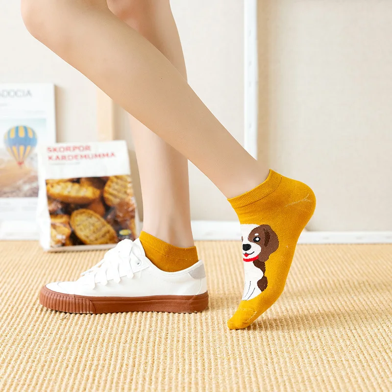 5 Pairs Dog Cat Cartoon Women Socks Kawaii Cotton Short Socks Cute Low Cut Ankle Korean Japanese Fashion Socks Girl