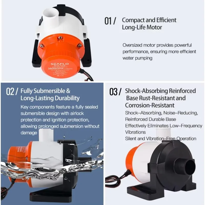12 فولت 3800GPH عالية التدفق المزدوج ميناء مضخة نزح البحرية تيار مستمر مضخة غاطسة لليخوت قارب سريع ونقل المياه الطعم