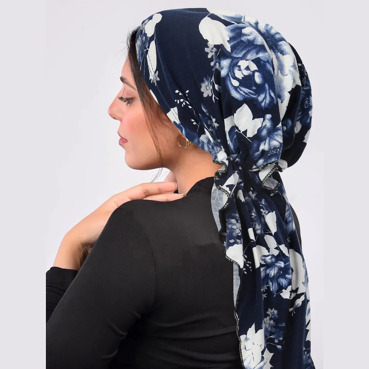 Topi Turban wanita motif bunga, Muslim wanita bunga cetak pre-tied Turban Hijab kanker topi penutup rambut rontok kepala syal bungkus peregangan Bandana Femme Mujer