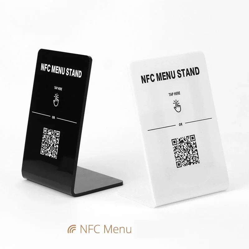 Black/White Acrylic QR Code Tap To Order Menu Qr CodeTouchless L Shaped Acrylic NFC Menu Holder Table NFC Menu Tags
