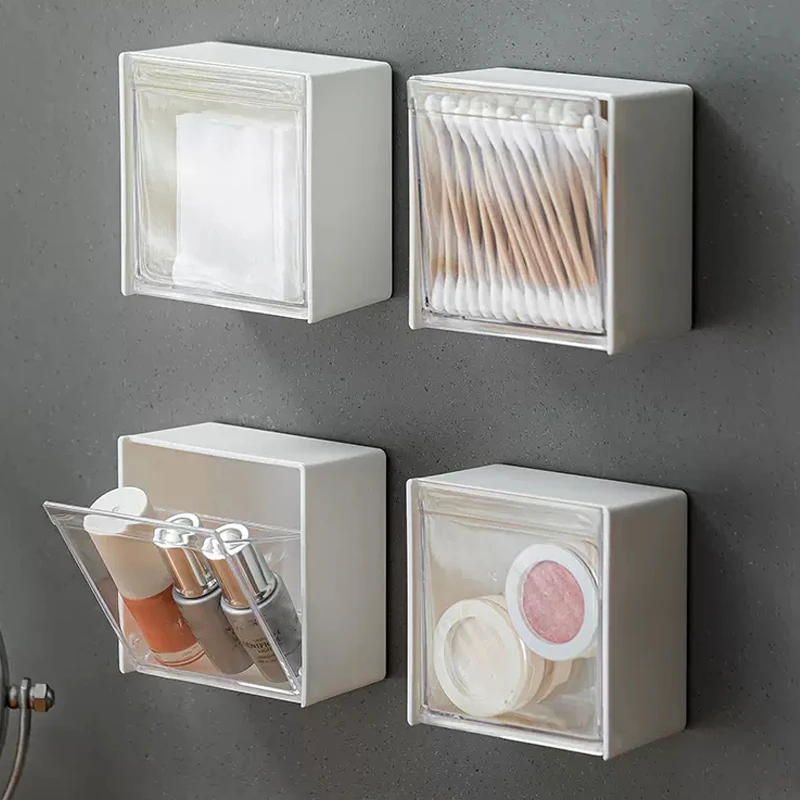 1/2Pcs Space-Saving Adhesive Wall Mounted Organizer Boxes Dustproof Plastic Storage Cotton Swabs Makeup Small Jewelry Bathroom