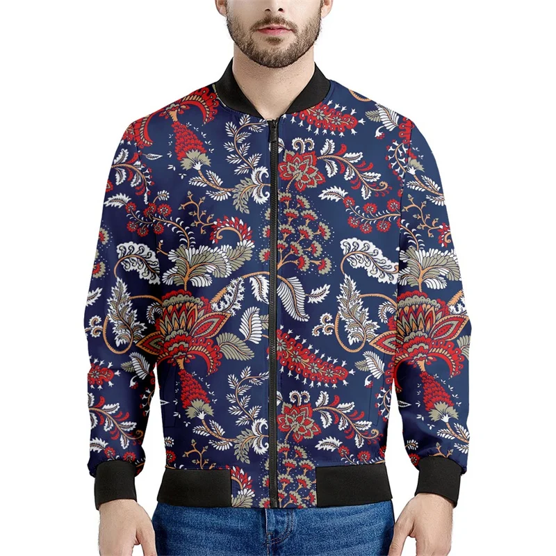 

Vintage Bohemian Floral 3d Printed Jacket Men Spring Autumn Flower Pattern Sweatshirts Tops Long Sleeves Zipper Bomber Coats