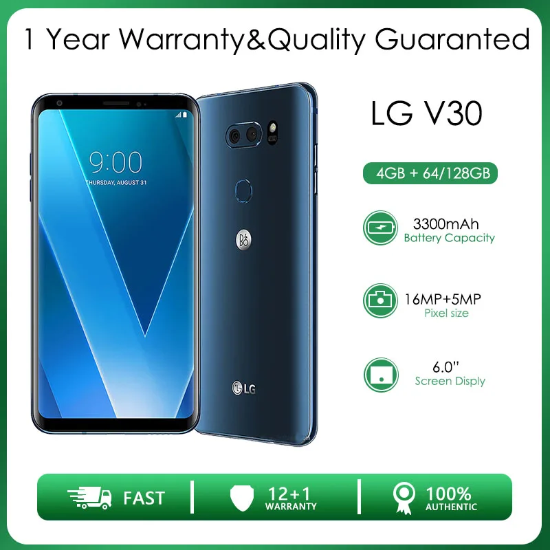 Оригинальный разблокированный смартфон LG V30 с одной Sim-картой, 4 Гб ОЗУ + 64/128 ГБ, Восьмиядерный процессор, 16 МП, 6,0 дюйма, 3300 мАч, Android 7.1.2, телефон с FM-радио QC3