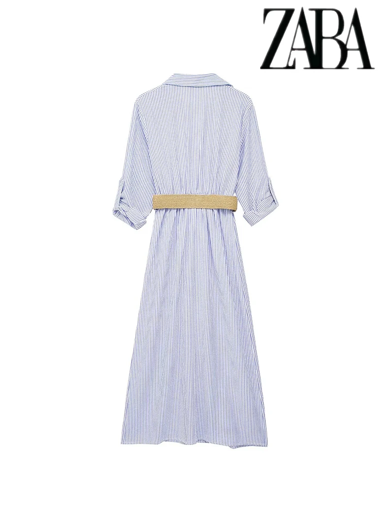 Las mujeres con cinturón de un solo pecho de manga larga vestido de camisa de rayas azules de la solapa de la calle elegante Commuter largo verano Resort vestidos de moda
