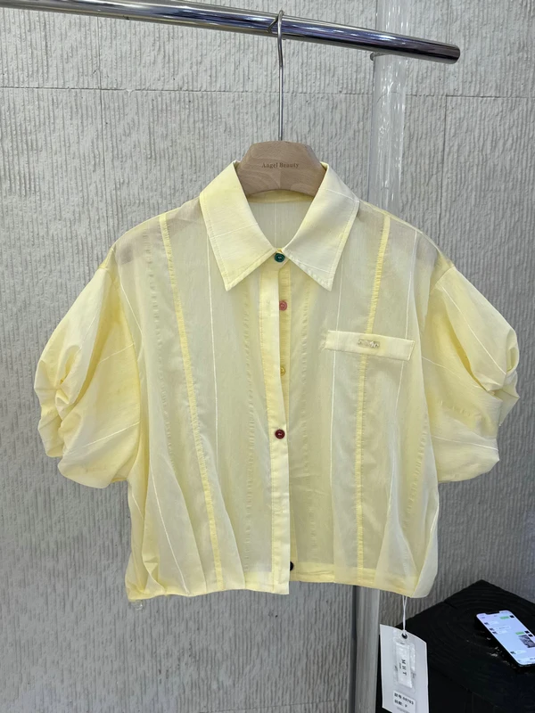 

Girls Style Bubble Sleeve Shirt Cardigan Spring Summer Buttons Texture Short Top Women Casual Straight Cut Fabric