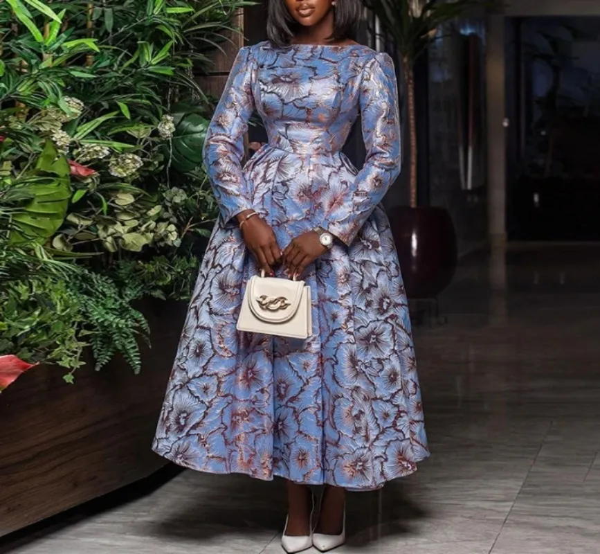 

Dress for Women 2025 Spring Women's Clothing Elegant O-Neck Long Sleeved Waist Cinched Midi A-Line Pleated Dress Large Hem Dress