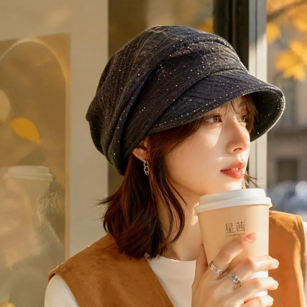 Elegant Soft Newsboy Beret Hat Shimmer Dots Decor Foldable Visor Hat Breathable Stretchy Knit Beanie Street Wear