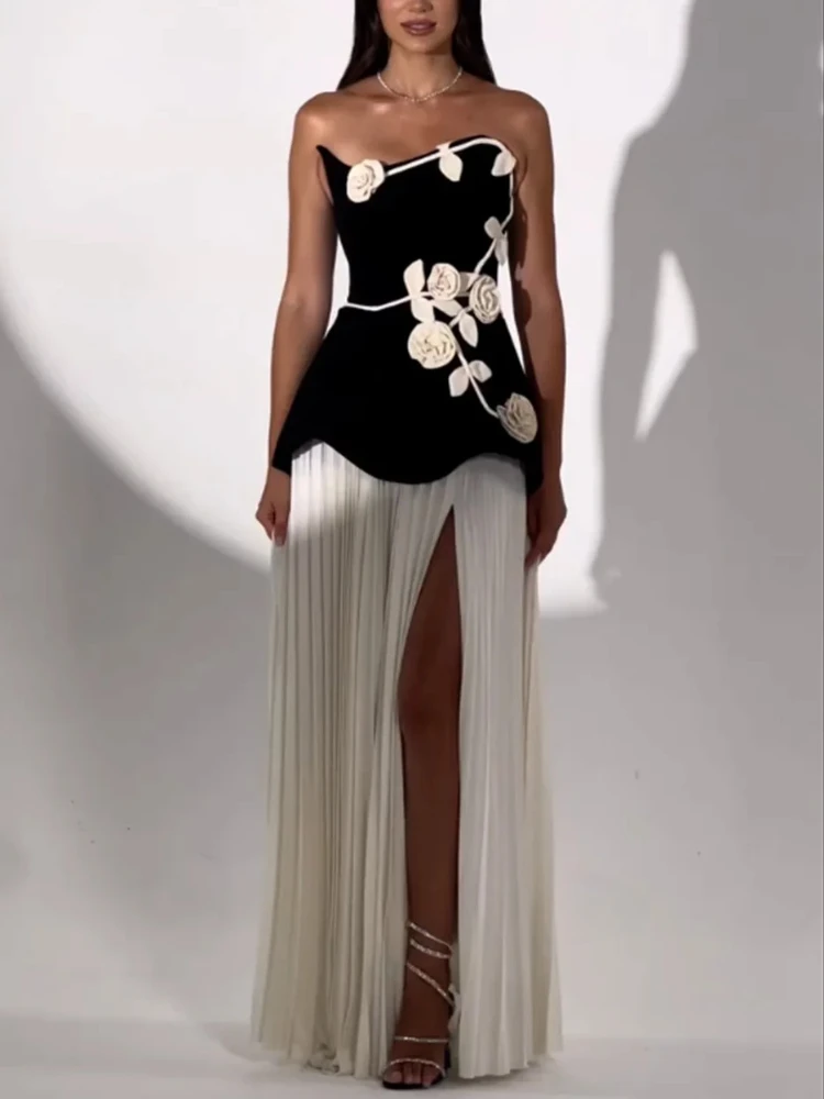 Abiti da sera eleganti Jersey Fiori Pieghe senza spalline Abito lungo a trapezio Squisito abito da ballo di alta qualità da donna personalizzato