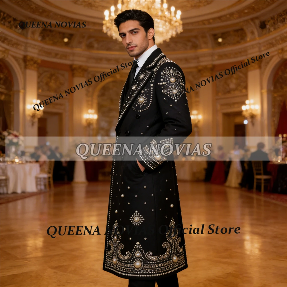 High End Rhinestone Beaded Men Suits Long  Design Groom Coat Male Blazers Ropa hombre Customized Slim Firt Pearls Wedding Tuxedo