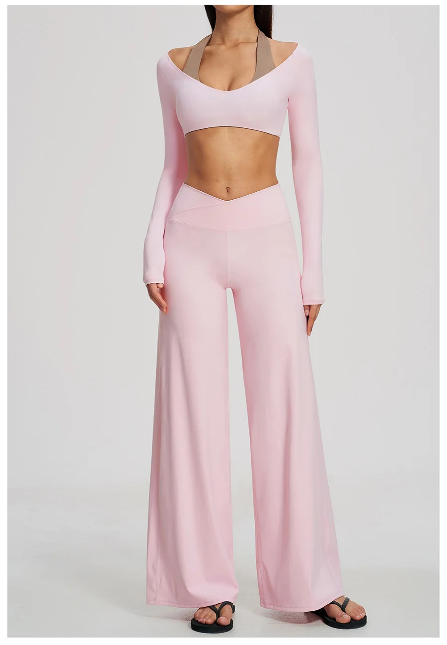 Yoga-Set 2-teilig, Fitnessbekleidung, Trainingsanzug, Lauf-Sportbekleidung, Outfit, hochtailliert, weites Bein, langärmeliges Crop-Top – Detail 19