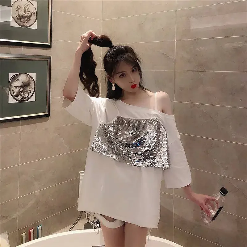 Top Female Baggy Sequin Summer Outfit Short Sleeve Rhinestone Glitter Women's T-shirt Clearance One Pieces Korean Style Kpop Emo