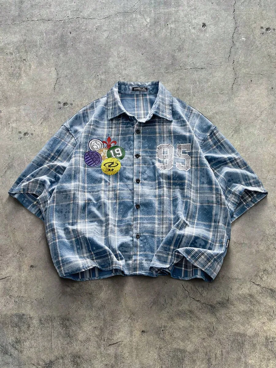 

Men's Loose Fit Distressed Plaid Short Sleeve Woven Shirt, Streetwear Style