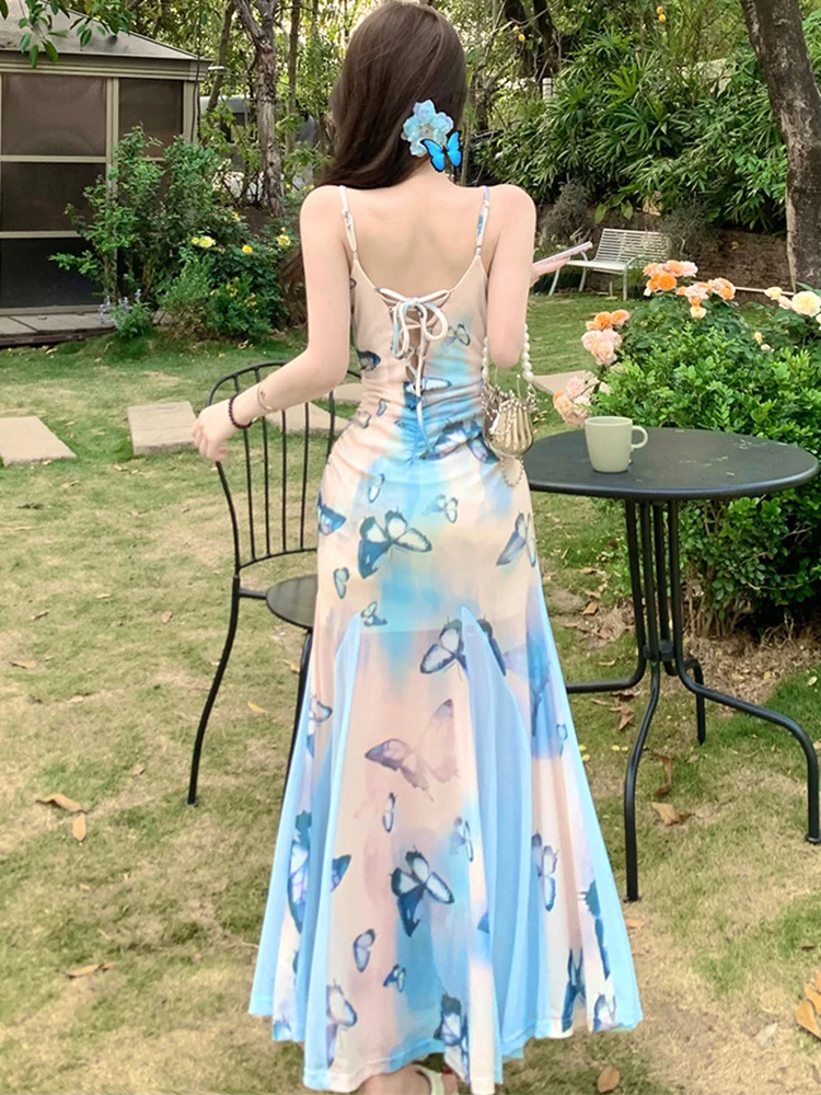 2025 Boho Blue Floral Mesh Chic Sling Sexy Long Dress Women Elegant Ruffled Casual Dress Summer New Korean Bodycon Holiday Dress