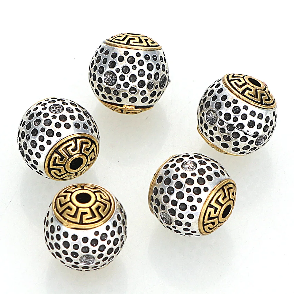 5Pcs 12MM Vintage Antique Golden Silver Plated Cast Metal Striped Round With Dots Surface Spacers Beads For Diy Jewelry Making
