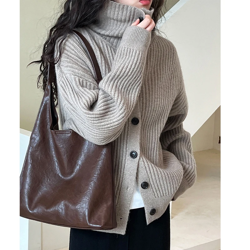 2024 Women Autumn Turtleneck Button Design Cardigans Coat Thick Knitted Beige Sweater Women Winter Cape Clothes Tops