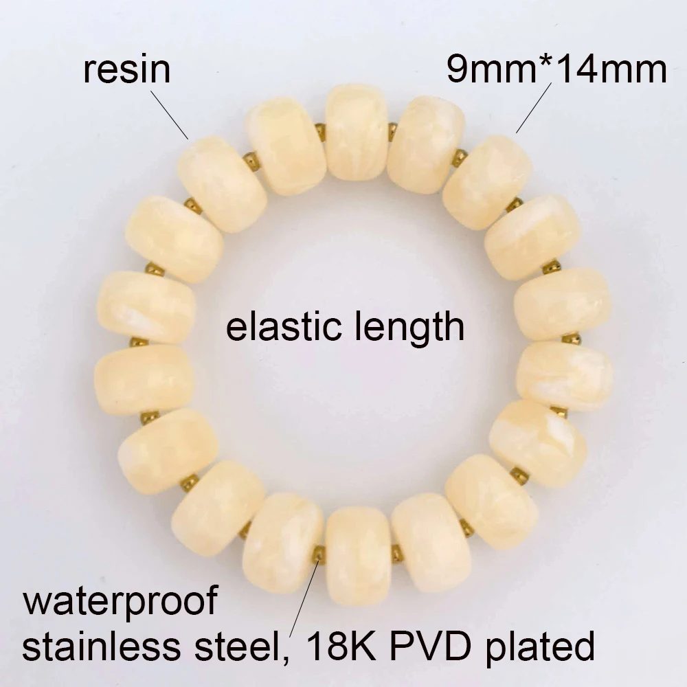 Rundes elastisches Armband aus Kunstharz für Damen, goldfarben, PVD-beschichtet, mit großen Edelstahlperlen, wasserdicht, DIY, handgefertigt, Statement, blau, beige – Detail 3