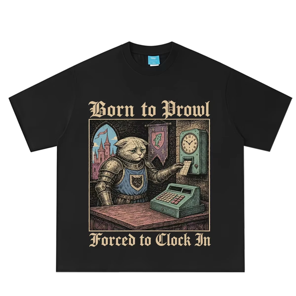 Funny Knight Medieval Cat Meme T-Shirt Men Women Vintage T-shirt Summer Short-sleeved Loose Casual Cotton Oversized T-shirts
