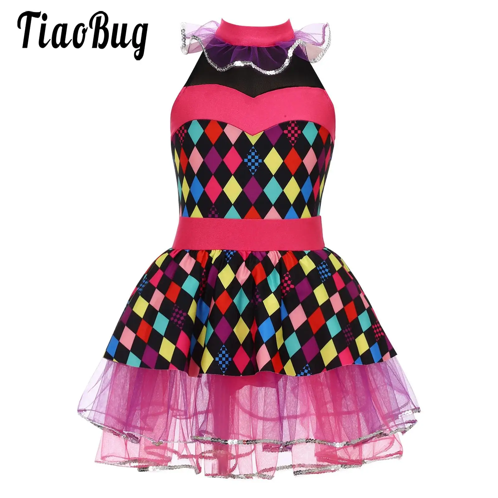 

Kids Girls Clown Cosplay Costume Circus Dance Halloween Gown Halter Sleeveless Puffy Tulle Dress for Themed Party Performance