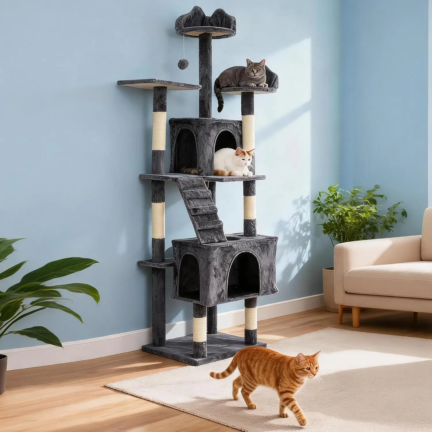 Garvee 72inch Large Cat Tree Tower Heavy Duty Stable Cat Furniture with 6 Sisal Scratching Posts, 2 Soft Perches, Spacious Condo, Platforms & Dangling Balls Villa Training Aids Pet Products Supplies
