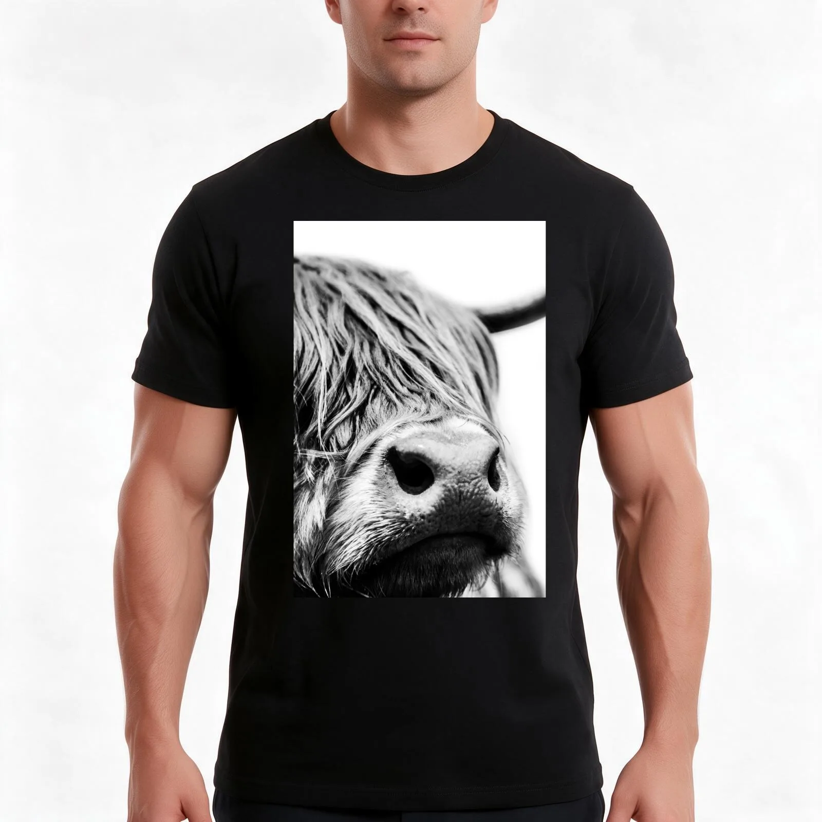 Highland Cow close up in black and white T-Shirt, Summer Casual Cotton Tee, Oversized Streetwear Tops, Vintage Graphic Print