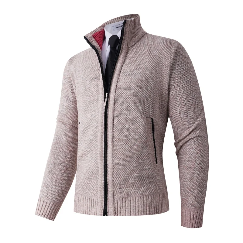 Men's Fall Winter Cardigan Fleece Lined Stand-Up Collar Thick Knit Solid-Color Sweater
