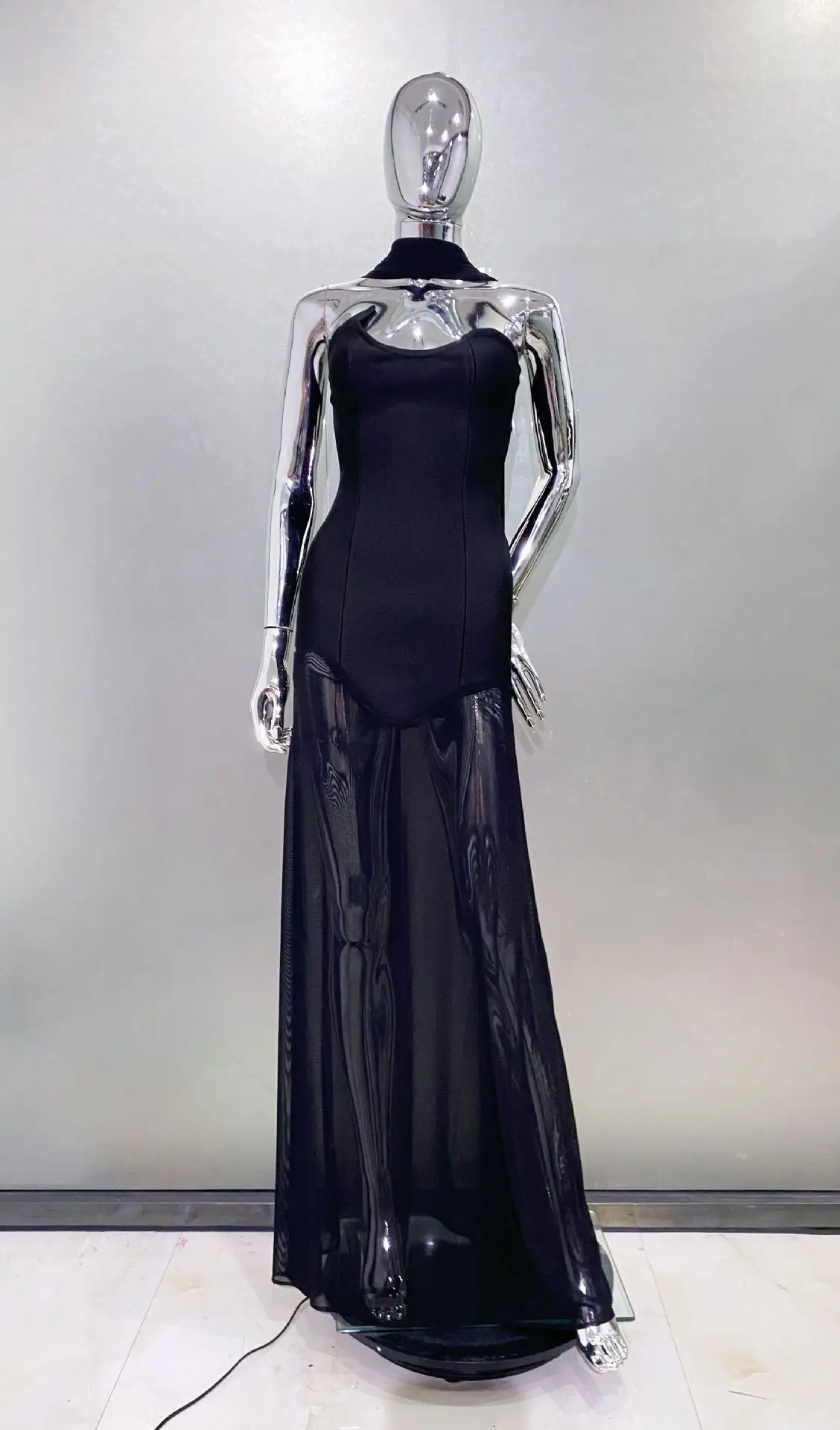 

Black Mesh PatchworkBodycon Birthday Dresses Sexy Strapless Long Bandage Dress Elegant Women Blackless Evening Party Gowns