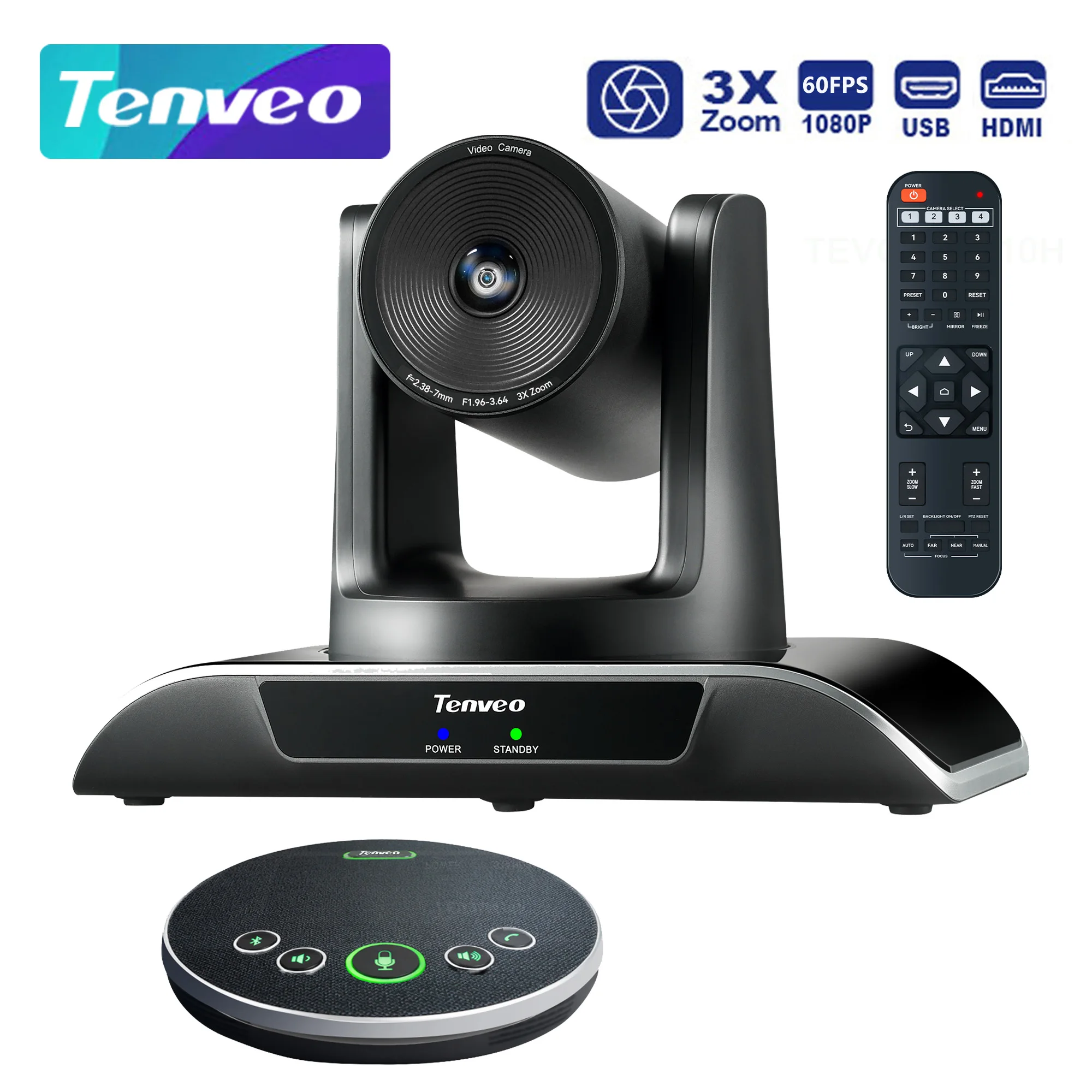 Tenveo Video Conference System 3X PTZ Conference Room Camera 3X Optical Zoom + Bluetooth Speakerphone for Skype Zoom OBS Teams