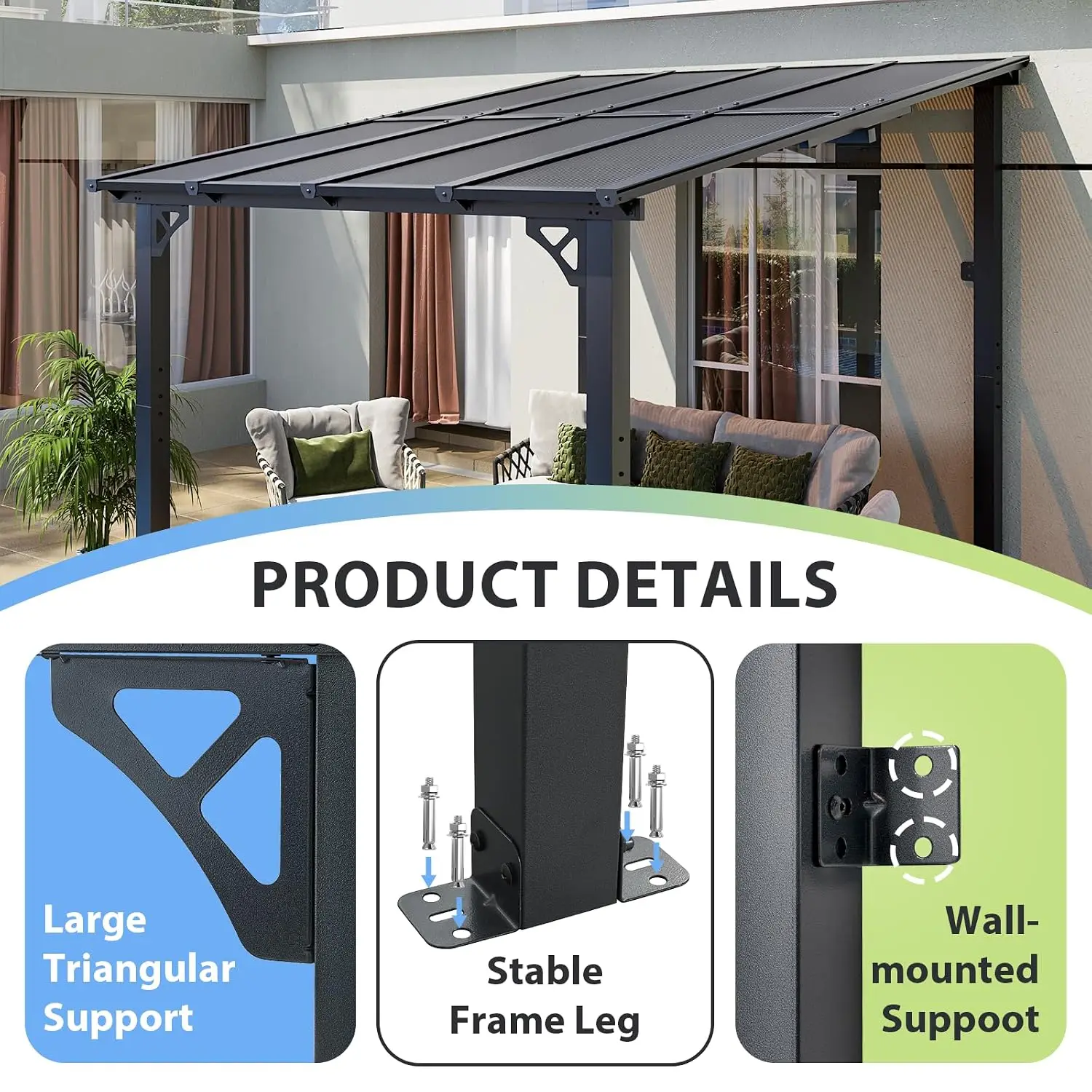 8x10ft Wall-Mounted Premium Gazebo, Aluminum Frame & Polycarbonate Panel for Patio, Custom