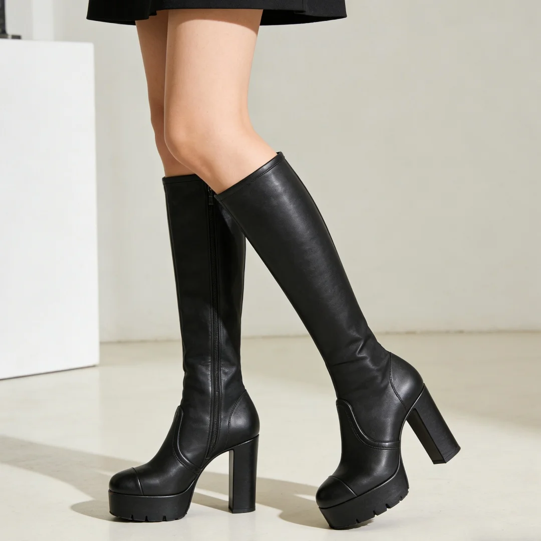 

Black Leather High-Top Stretch Boots For Women Round Toe Platform Chunky High Heels Apricot Color Flannel Botas Largas De Mujer