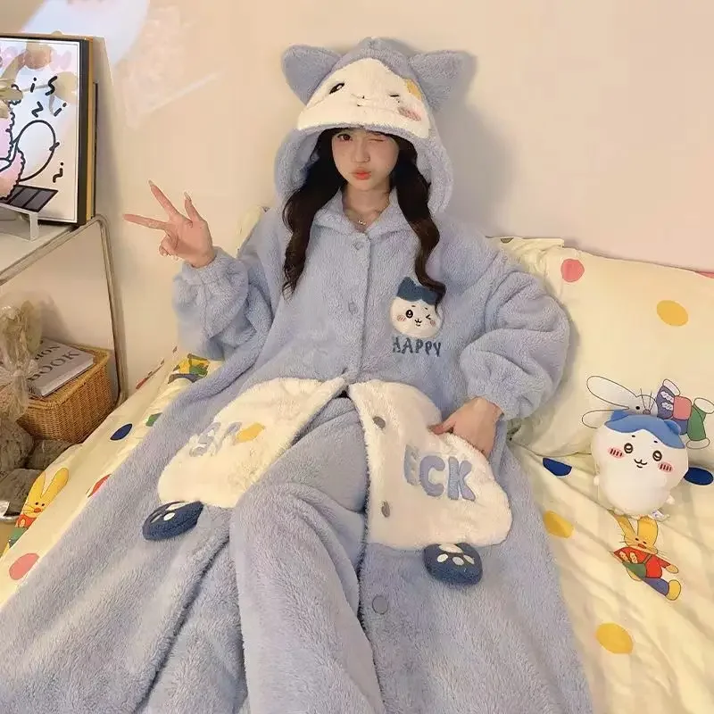 Chiikawa Animation Hachiware Cute Nightgown Girls Winter Plus Velvet Thickened Coral Velvet Pajamas Cute Winter Home Clothes