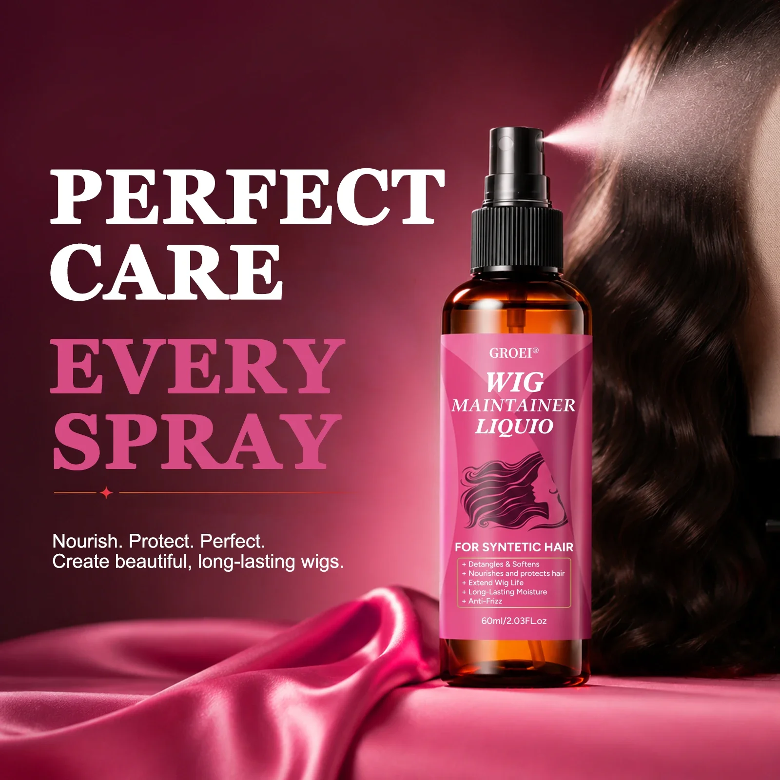 GROEI Anti‑Frizz Wig Maintainer Spray 60ml, Detangling Moisturizing Shine Care Liquid for Synthetic Hair Wigs - view 2