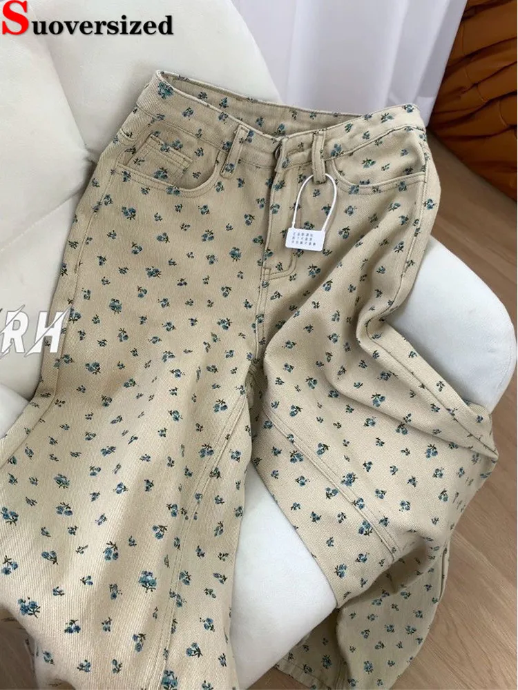 

Beige Print Design High Waist Wide Leg Jeans Korea Fashion Baggy Trousers Casual Vintage Vaqueros Women Streetwear Denim Pants