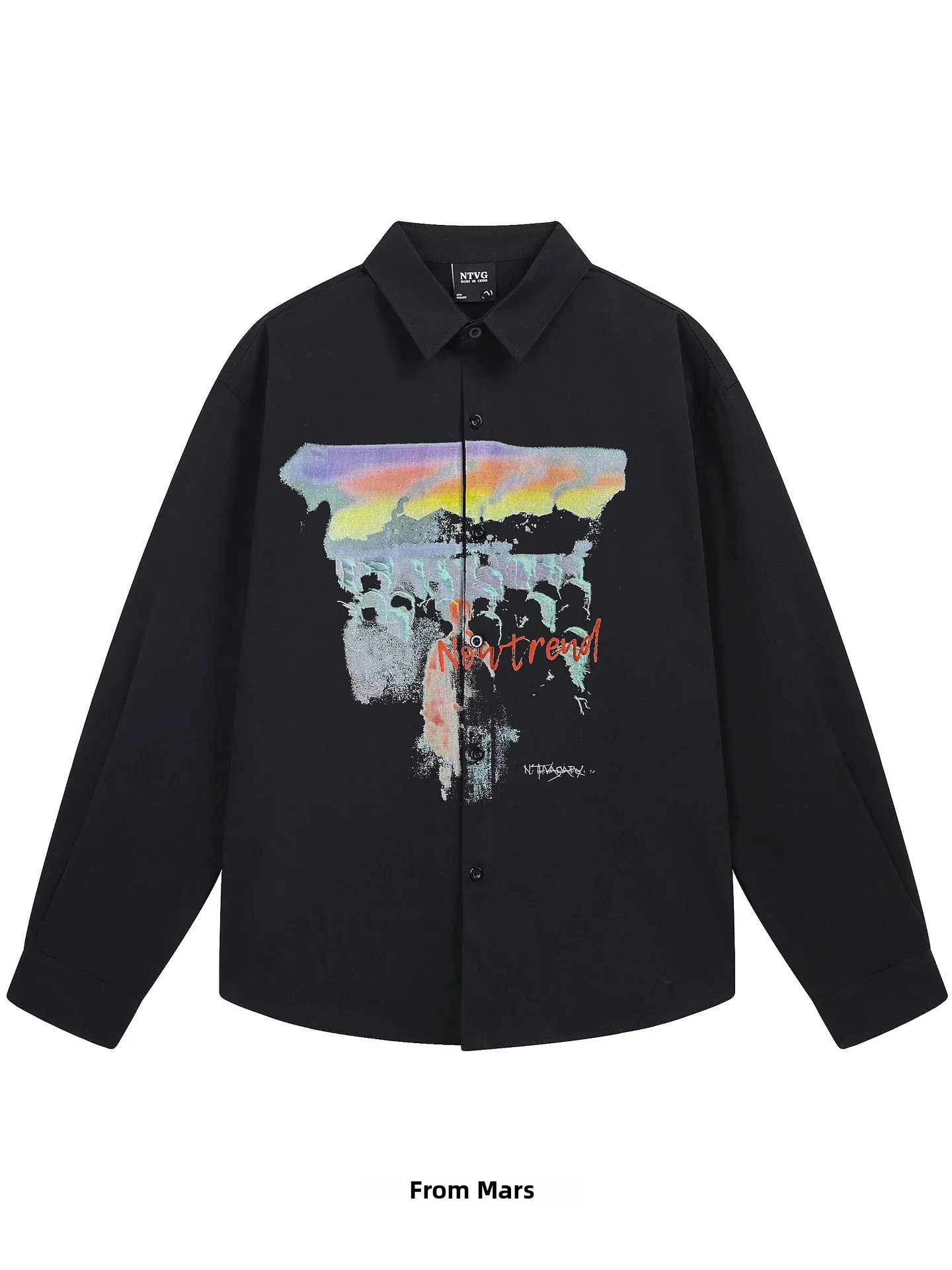 

Loose Long Sve Men's irt Casual Streetwear Water-Based Ink Print Comfortable Breathable Youthful Sle for Spring Autumn
