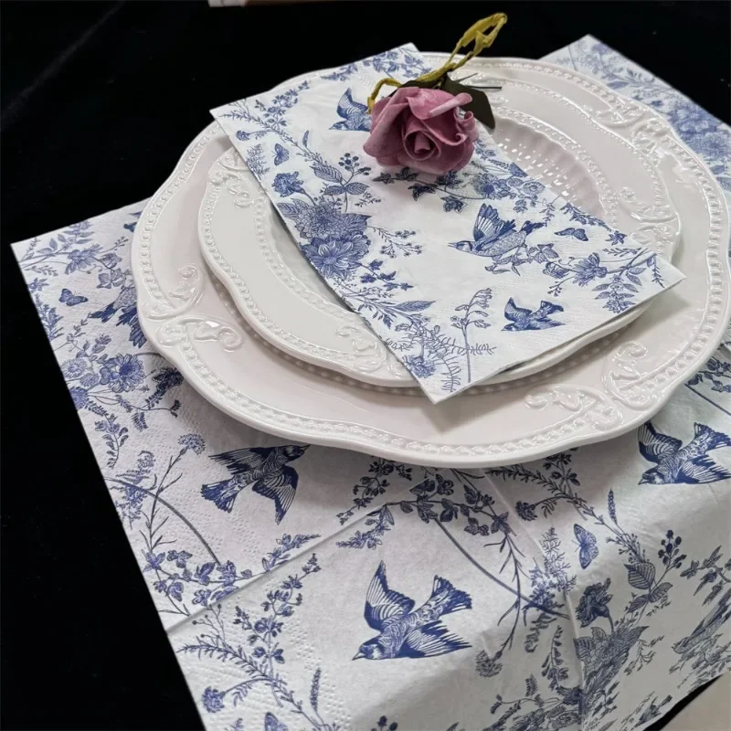 20Pcs 2Ply 33x40cm Blue White Napkins Bird Floral Toile De Jouy Disposable Paper Napkins for Party Decor